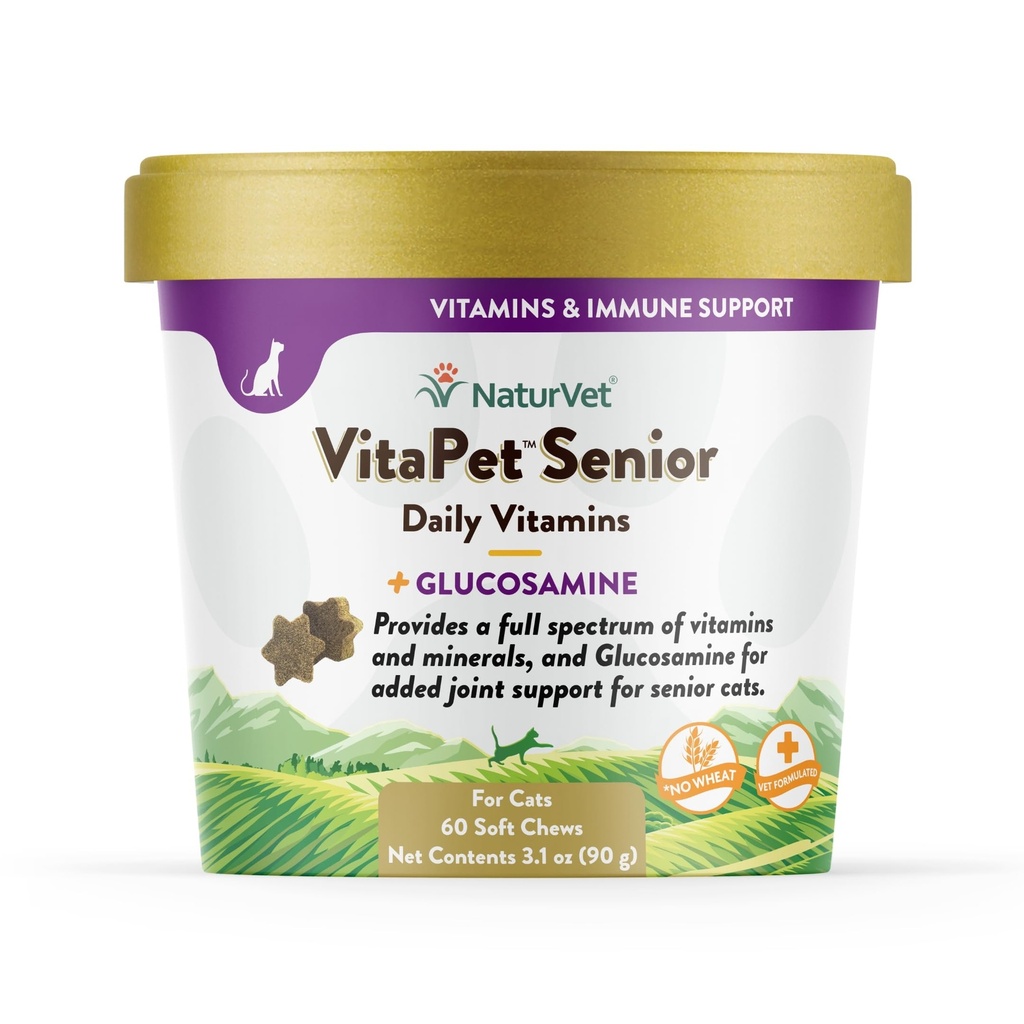 NaturVet VitaPet Vitaminas Diárias Seniores para Gatos Plus Glucosamina, especificamente formulado para fornecer minerais essenciais, 90 g, 60 contagem