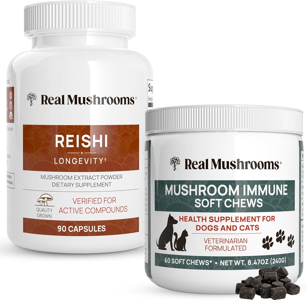 Real Cogumelos Reishi Cápsulas para Humanos (90ct) & Cogumelo Imune Pet Chews (60ct) - Pacote para Longevidade, Relaxação & Imunidade - Ashwagandha, Astragalus & More - Vegan, Non-GMO, Gluten-Free
