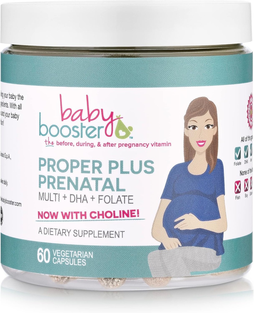 Baby Booster Proper Plus Vitaminas pré-natais com Vegan DHA + Folato de metilo + Colina + Multi (60 cápsulas) Ótimo para gravidez, Manhã doença e lactação