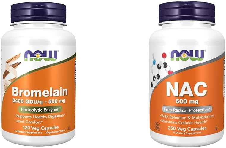 NOW Suplementos, Bromelaína 2.400 GDU/g - 500 mg, Enzima Proteolítica Natural*, 120 Veg Cápsulas e Suplementos, NAC 600 mg com Selênio e Molibdênio, 250 Veg Cápsulas