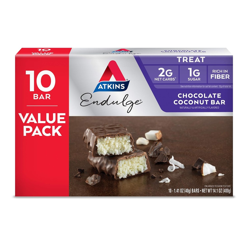 Atkins Endulge Chocolate Coco Bar, Sobremesa Favorito, Alta em Fibra, 1g de açúcar, 10 contagem