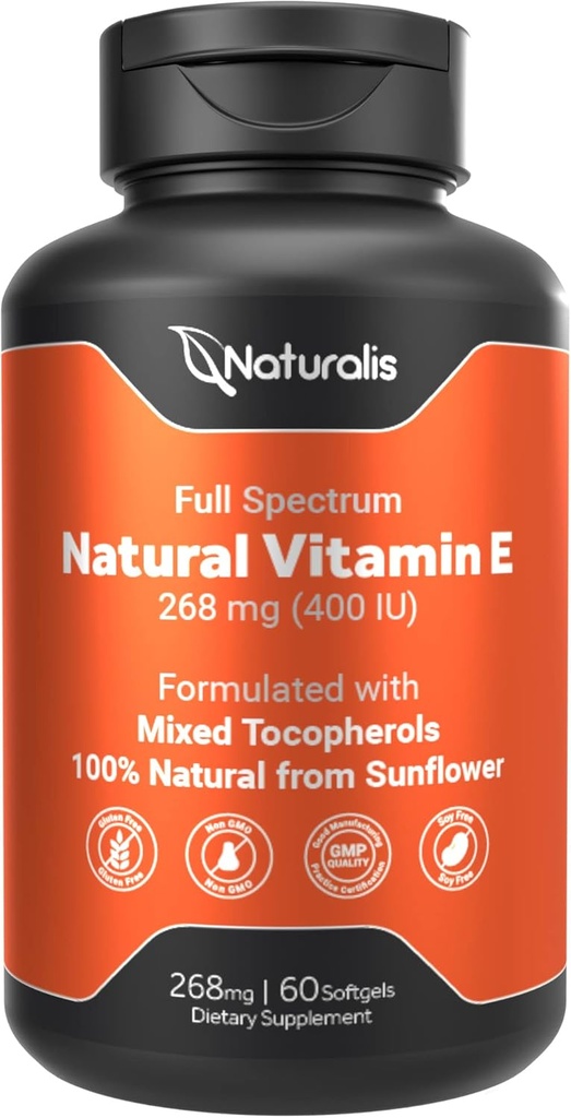 Naturalis Girassol Vitamina E 268mg (400 UI) com tocoferóis mistos □ Essential Skin Vitamina & Imune Support □ Não-GMO, Soja & Gluten Free □ 60 Softgels