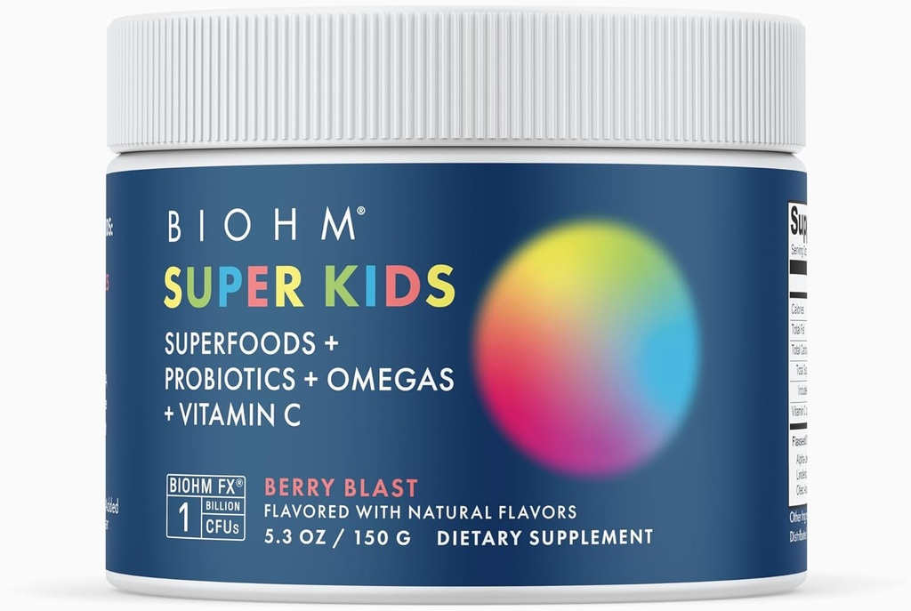BIOHM Super Kids Superfood Powder Plus Probióticos, (5,3 Oz, 30 Servings) Delicious Berry Blast, Antioxidantes, Omega 3 & Vitamina C, Não-GMO, Laticínios Livres, Sem Ingredientes Artificiais, Vegetariano, Idades 4+