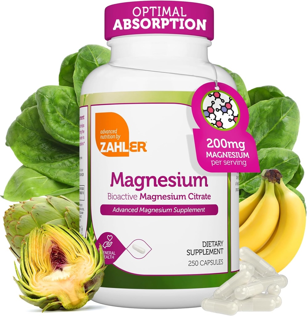 Zahler - Cápsulas de Magnésio Suplemento 200 mg (250 Count) Certificado Kosher Bioactive Magnésio Citrato para Absorção Max - Magnésio Natural Mineral para Homens e Mulheres - Melhores Suplementos de Magnésio