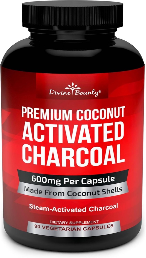 Cápsulas Orgânicas Divinas de Carvão Ativadas - 600mg Pílulas de Carvão de Coco - 90 Tampas Vegetais