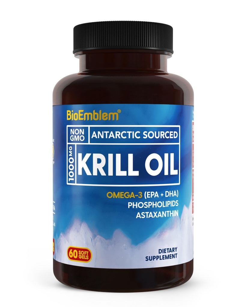 BioEmblem Antárctico Krill Oil Supplement 1000mg Oil Omega-3 com altos níveis de EPA + DHA, Astaxantina e Fosfolipídios