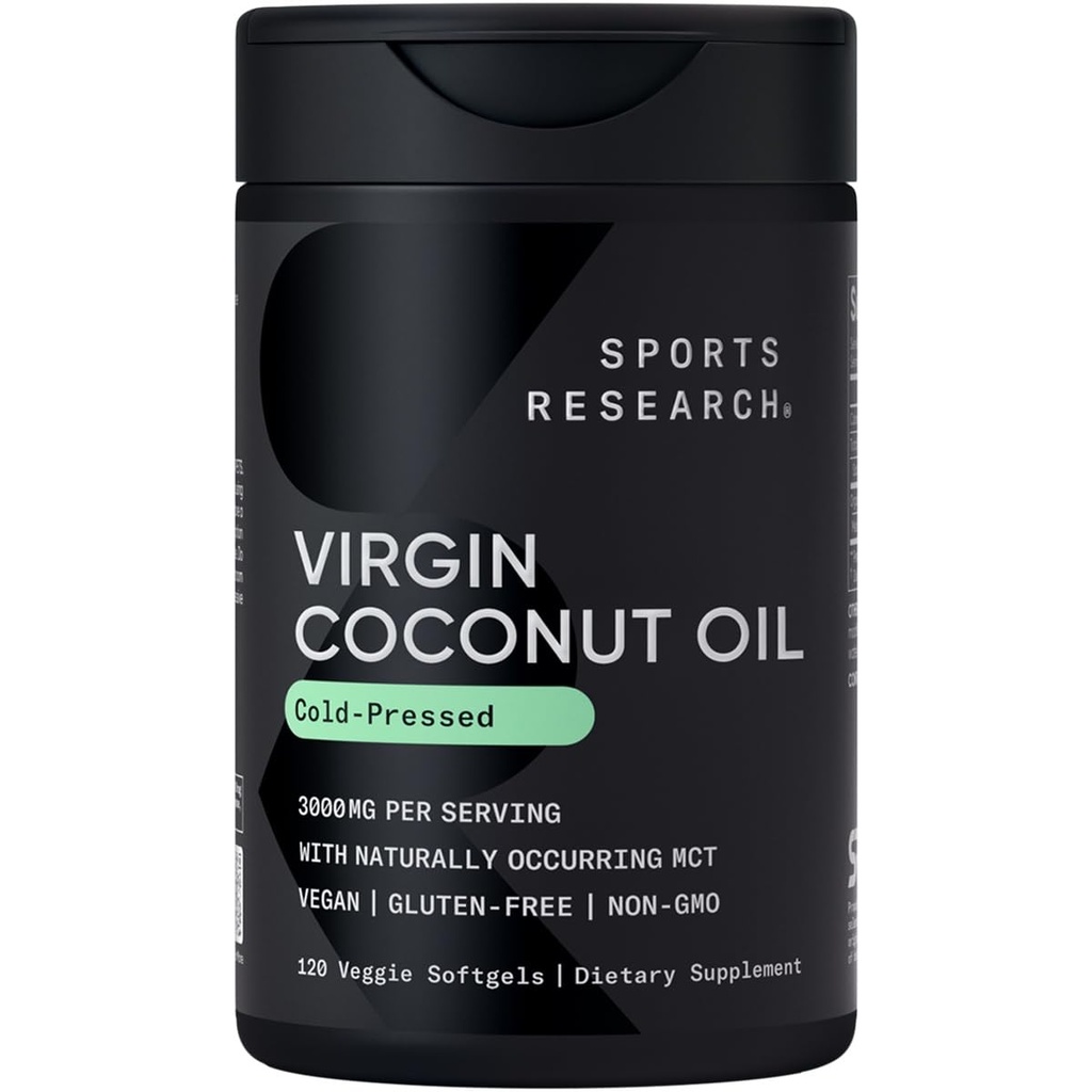 Sports Research® Organic Coconut Oil Cápsulas 3000MG - Óleo de coco extra virgem prensado a frio com triglicéridos de cadeia média (MCTs) - Vegan Friendly & Non-GMO Verificado - 120 Softgels