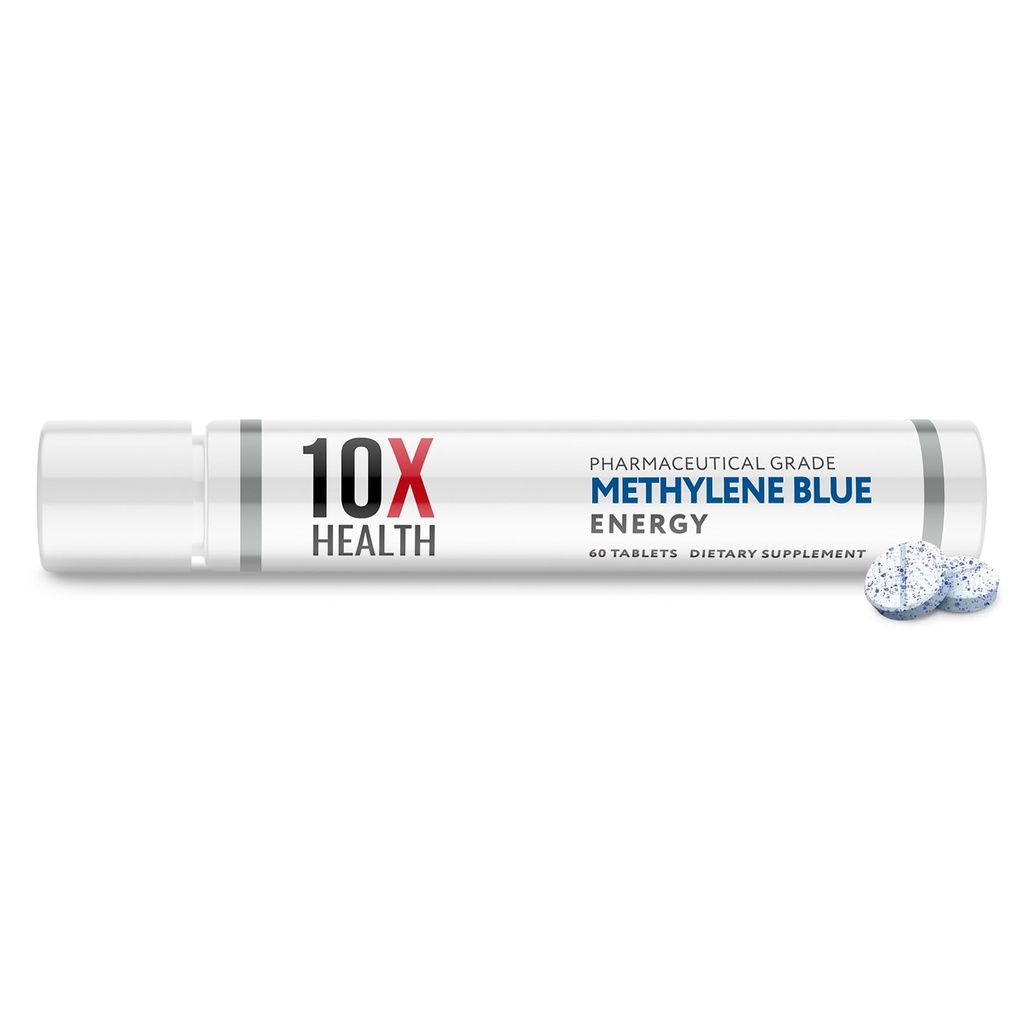 10X Saúde Metileno Azul Suplemento com Extrato de Pimenta Negra - 60 Comprimidos Metileno Azul Pharmaceutical Grade Comprimidos - Suporta Energia, Foco & Cognição - Vegan, Não-GMO