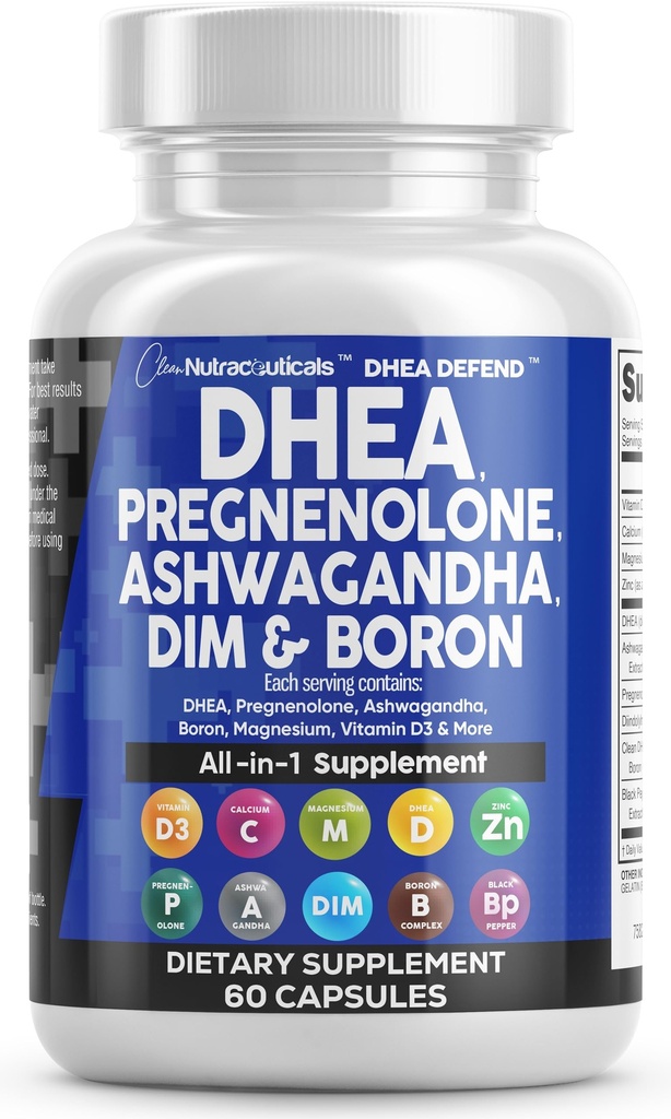 DHEA 200mg Suplemento Pregnenolona 100mg para homens e mulheres com DIM Ashwagandha Boron 6mg Complexo de cálcio Magnésio Zinco 50mg Vitamina D3 5000 UI Cápsulas de suporte Comprimidos Made in USA 60 Count