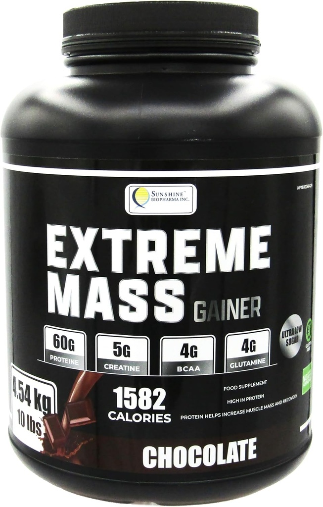 Massa extrema peso Gainer Muscle Builder, 10 lb (4.54 kg) com menos açúcar para treino intenso de treinamento feito de alta caloria Fortificado proteína de soro (chocolate)