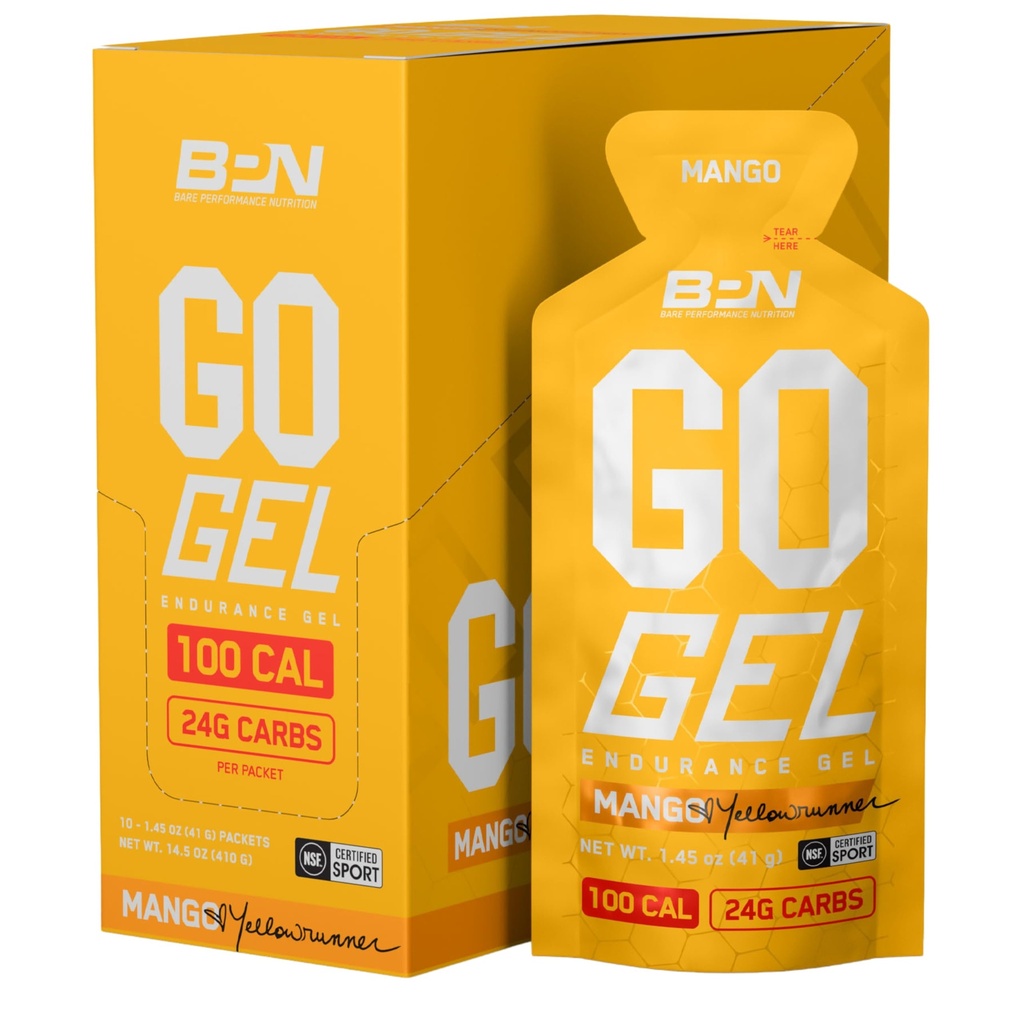 NUTRIÇÃO DE DESEMPENHO BARE, BPN Go Gel Endurance, 24g de carboidratos e 100 calorias por embalagem, Vegan + Gluten Free Running Gel, 10 Pacotes de serviço único, Mango