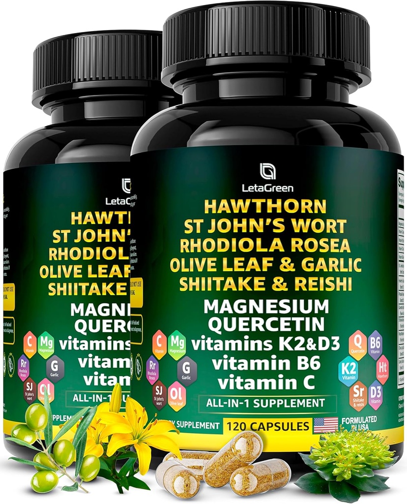 Cápsulas Organic Hawthorn Berry - Hawthorn Berry com St Johns Wort Rhodiola Rosea Olive Leaf Shiitake Reishi Mushroom Quercetin & Vitamina C, D3, K2, B6 & Magnésio (240 Conde)