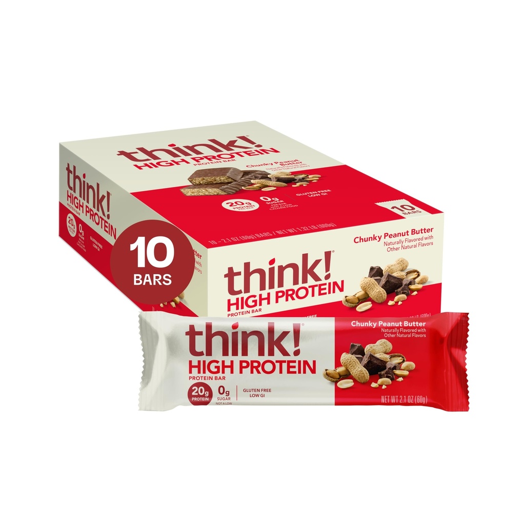 Pensa! Barras de proteína, Snacks de alta proteína, sem glúten, Kosher Friendly, Chunky Peanut Butter, Nutrition Bars, 2.1 Oz por bar, 10 Contagem (Pacote de Maio Vary)