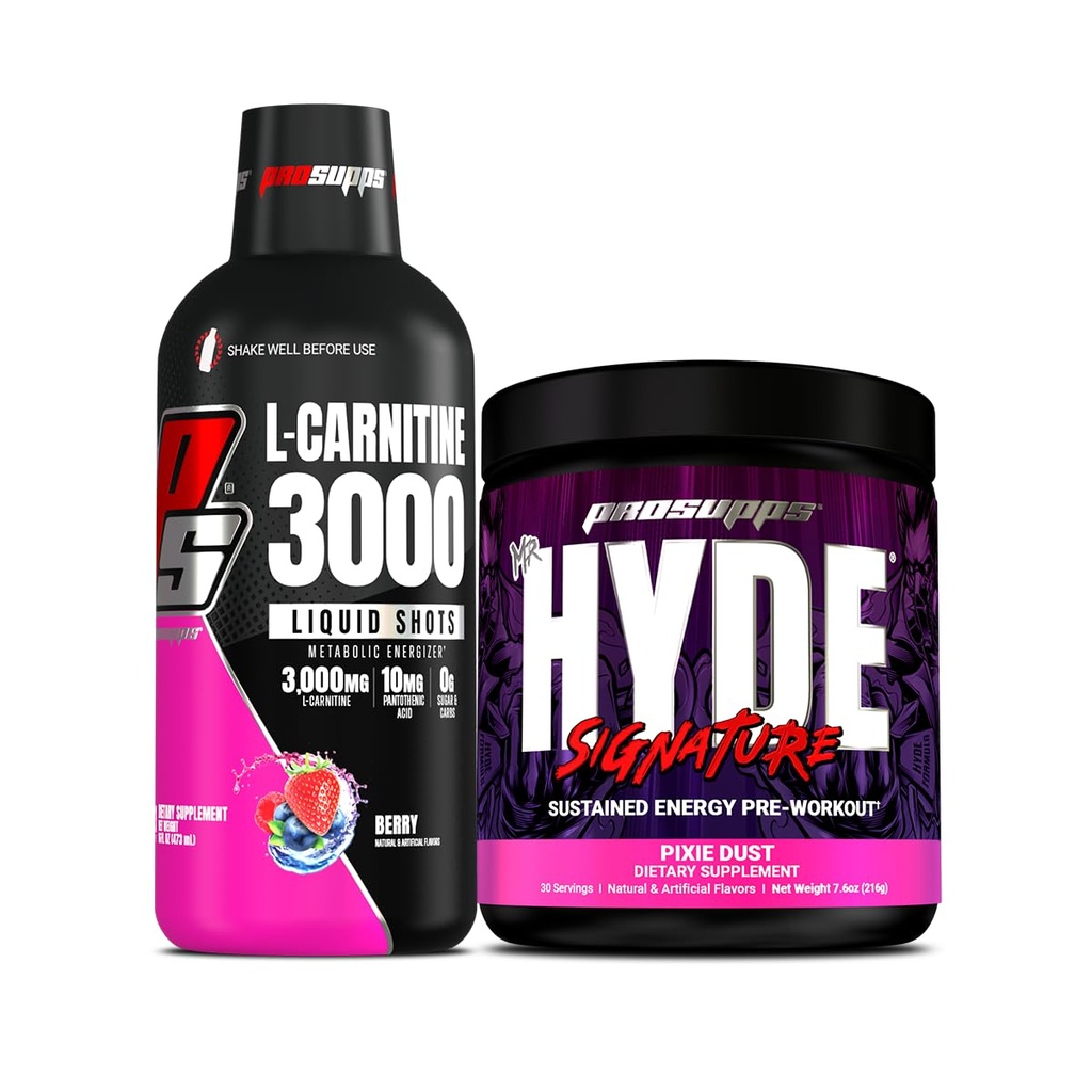 PROSUPPS L-Carnitine 3000 Estimulante Free Liquid Shots (31 Servings, Berry) e Mr. Hyde Signature Series pré-treino Energia em pó bebida (30 Servings, Pixie Post) Bundle