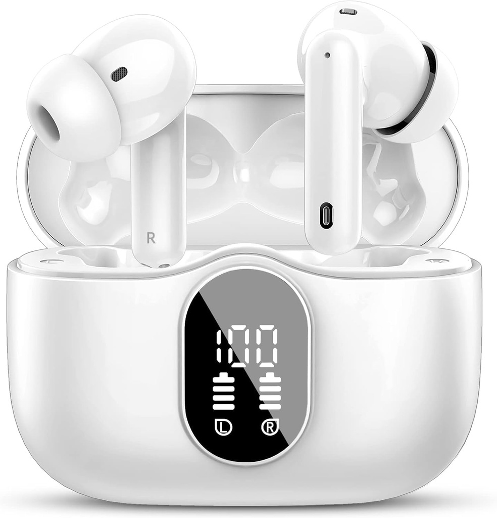Btootos Wireless Earbuds Bluetooth 5.4 Auscultadores Bass Stereo Ear Buds com ruído Cancelar Mic LED Display em fones de ouvido IP7 Impermeável 36H Playtime para Laptop Pad Phones Sports Treino Branco
