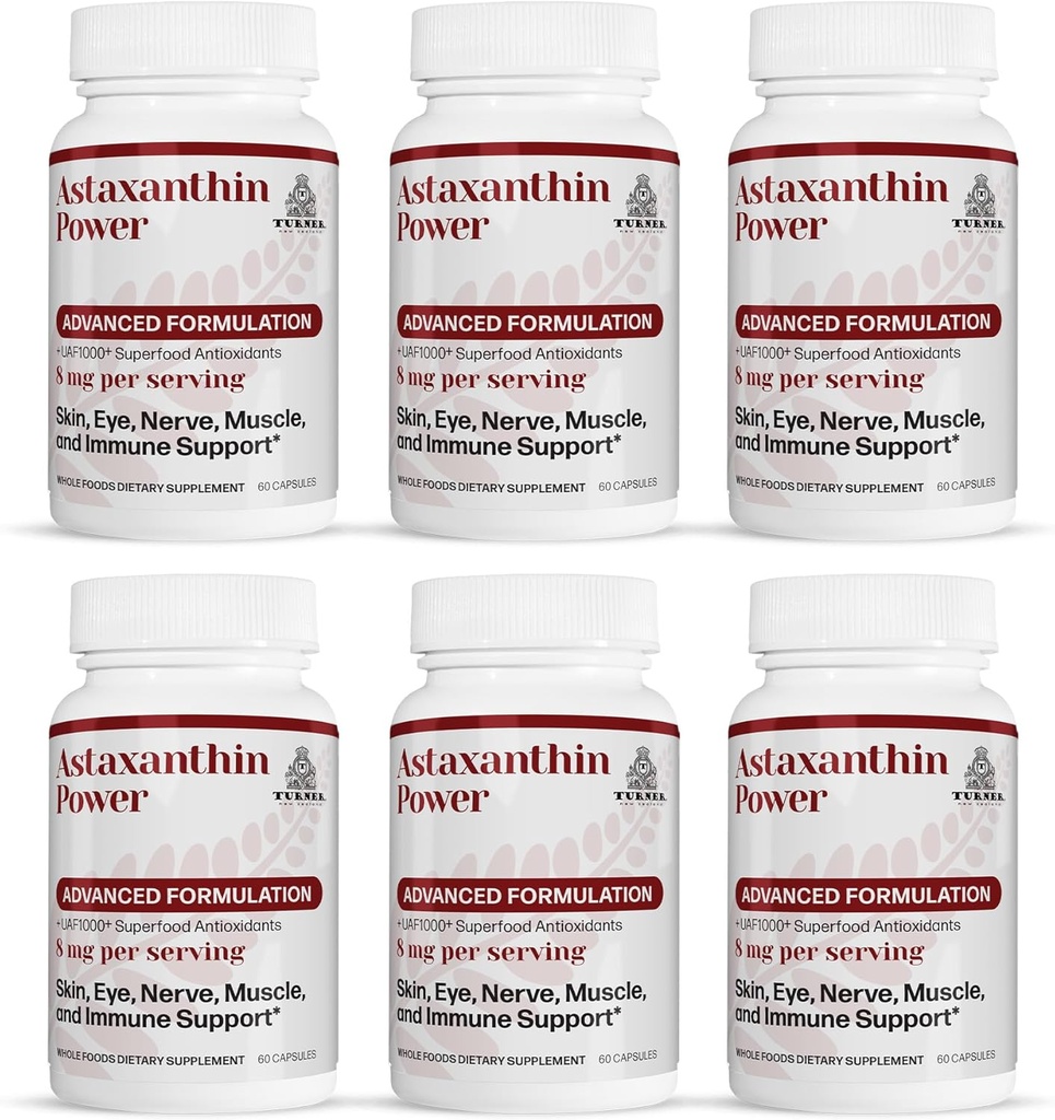 TURNER Nova Zelândia Astaxantina Poder com UAF1000+, Anti-envelhecimento, Pele, Olho, Nervo, Recuperação muscular, Suporte imunológico Suplemento antioxidante, 12mg Astaxantina, 180 Servões, 6 Garrafas