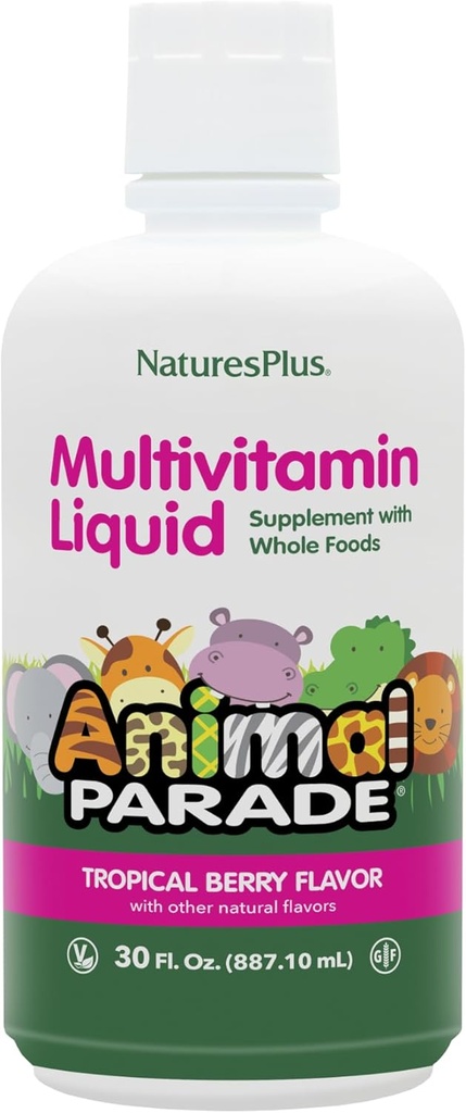 NaturezasPlus Animal Desfile Fonte de Vida Multivitamina Líquida Infantil - Flor de Berry Tropical - 30 fl oz - Suplemento Alimentar Integral - Vegetariano, Sem Glúten - 60 Servings