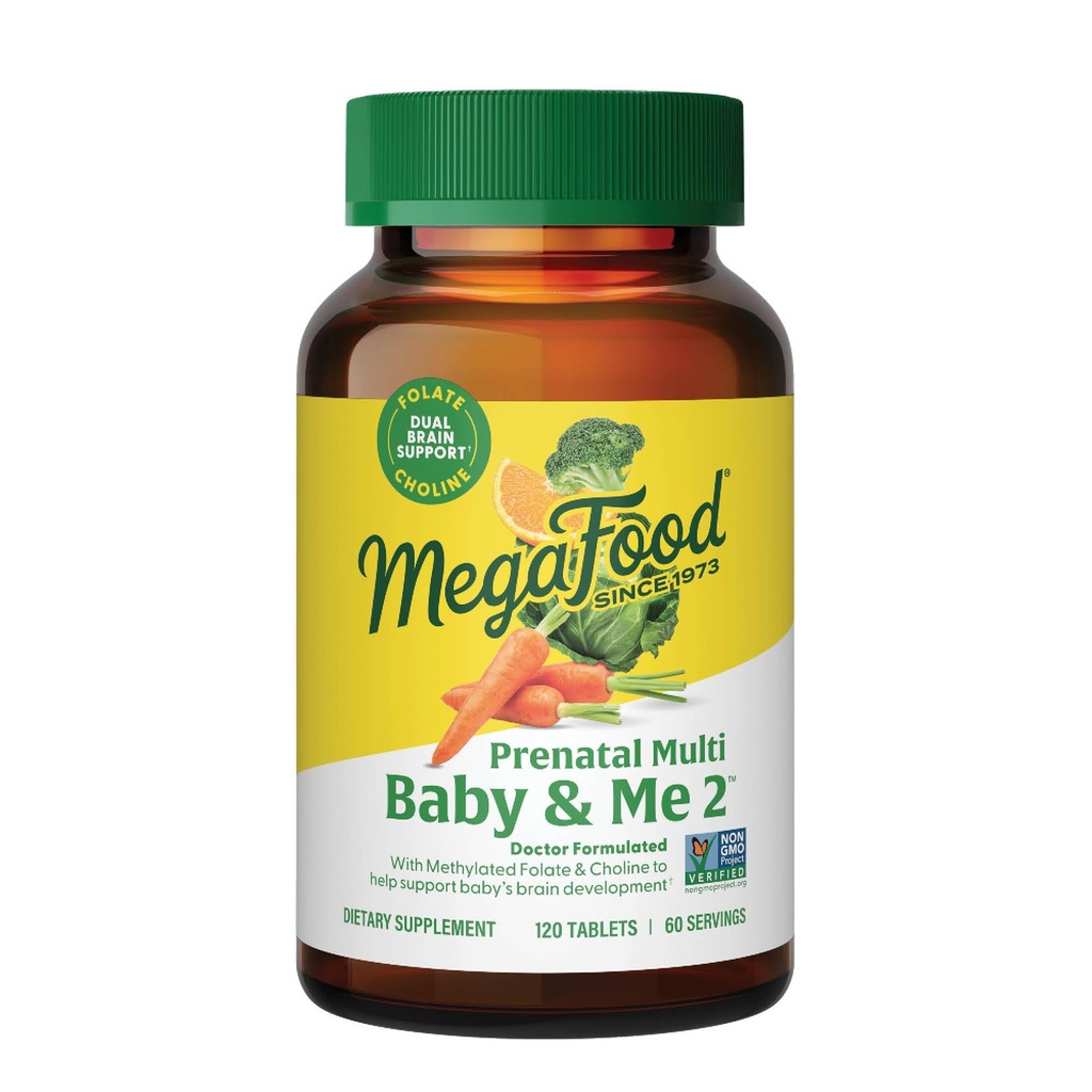 MegaFood Baby & Me 2 Vitaminas e Minerais Pré-Natais - Vitaminas para Mulheres - com Folato (Forma Natural de Ácido Fólico), Cocolina, Ferro, Iodo e Vitamina C, Vitamina D e muito mais - 120 Tabs (60 Servimentos)
