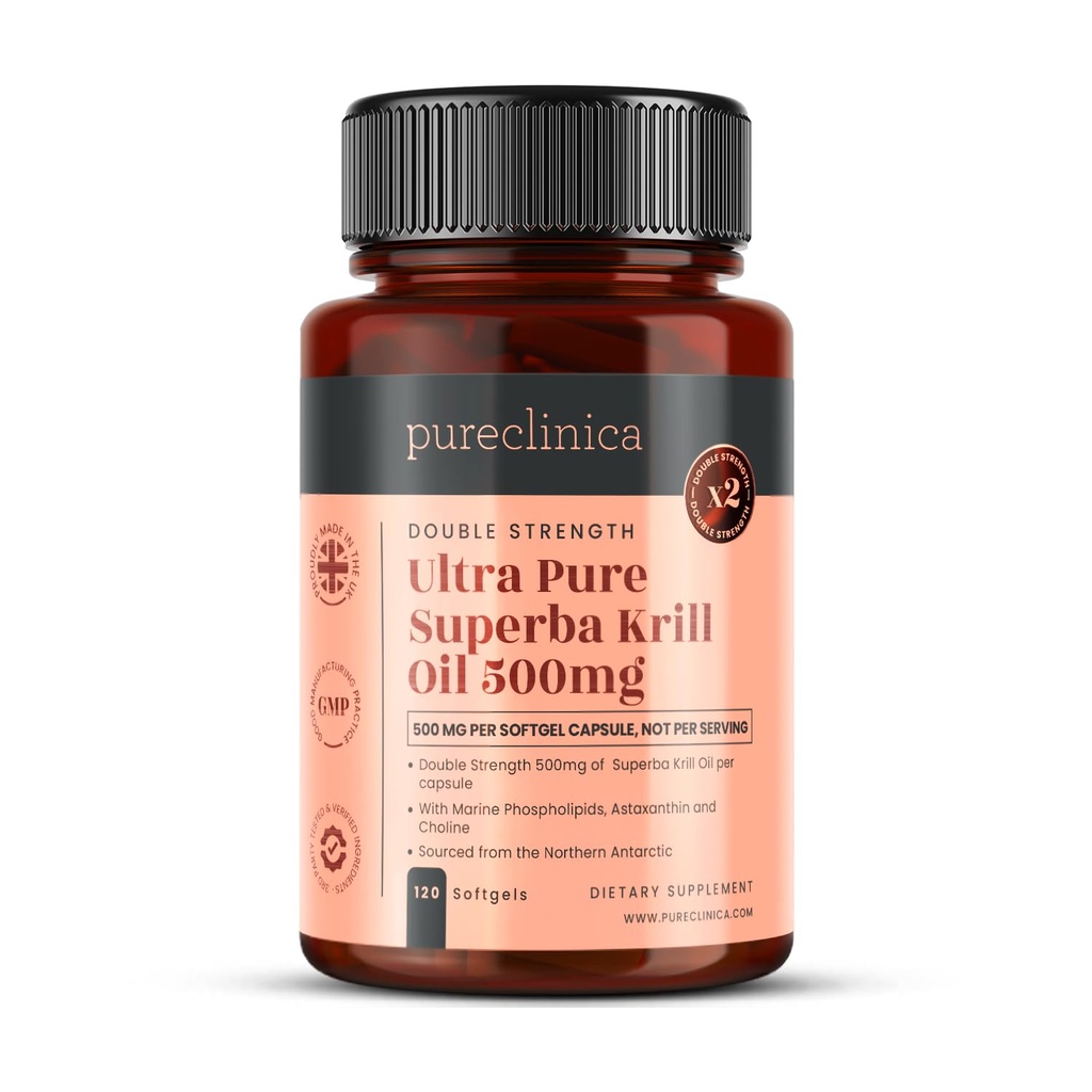 Ultra Puro Superba Krill Oil 500mg x 120 Cápsulas - Fonte em As Águas não poluídas da Antártida Fornecendo um rico suprimento de Astaxantina, Omega 3 e Vitamina D