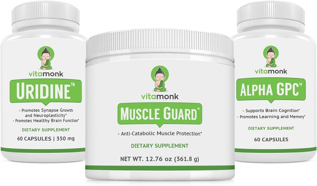 VitaMonk Muscle Guard & Alpha GPC Uridina Stack Bundle, HMB, EAA, Vitamina D, Magnésio e Suporte ao Cérebro para Foco, Claridade e Crescimento Músculo