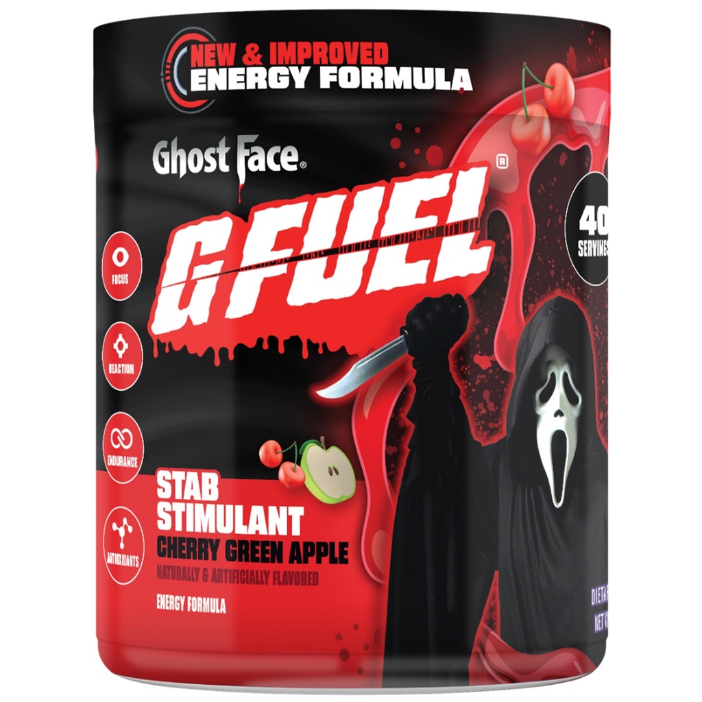 G Fuel Ghost Face Energy Drink Powder, Mistura de cafeína pré-treino para jogos, Amino sem foco de açúcar, Vitamina + antioxidantes, 9.9oz (Maçã verde cereja, 40 Servings)