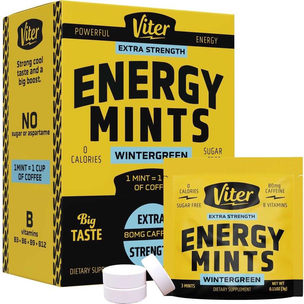 Viter Energy Caffeine Mints 80mg Força Extra - 90 Peças Cafeinadas com vitaminas B. Açúcar livre Vegan Breath Mint. Energizar Nootropic Focus Booster para alerta rápido (Flavor de Inverno, 30 Pack)