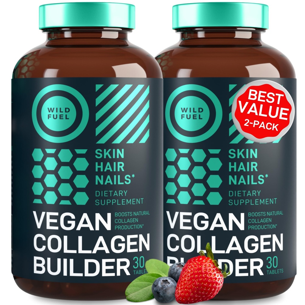 Vegan Collagen Booster Tablets - Cruelty-Free Vegan Collagen Supplements - Biotina, Superalimento orgânico, Vitaminas de colágeno à base de plantas para a pele, Cabelo, unhas - 2-Pack, 60 pílulas vegetarianas do colágeno