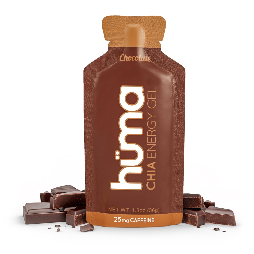 Huma Chia Energy Gel, Chocolate, 12 Gels, 25mg Cafeína - Premier Sports Nutrition for Endurance Exercise