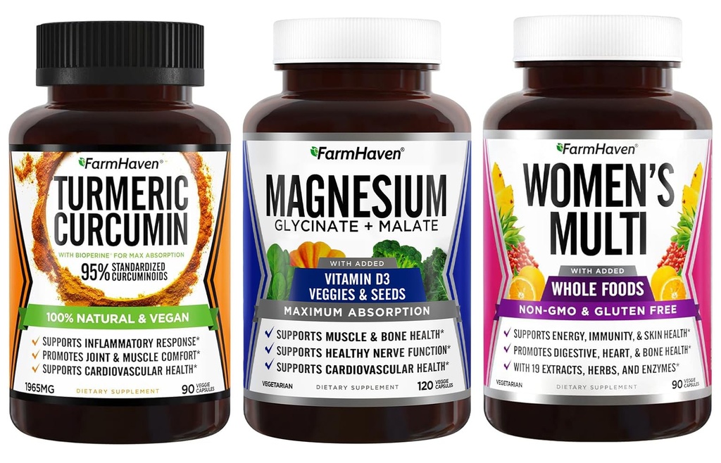 Magnésio FarmHaven + Multivitamínico para Mulheres + Curcumina Turmérica com Pimenta Negra BioPerine