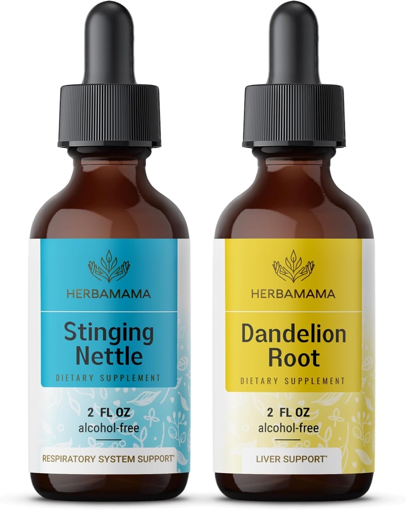 Kit de gotas líquidas de ervas de HERBAMAMA - pacote de sting Nettle & Dandelion Root Tintura 2 fl oz - Vegan, Não-GMO, Açúcar & Álcool - 2 Pack