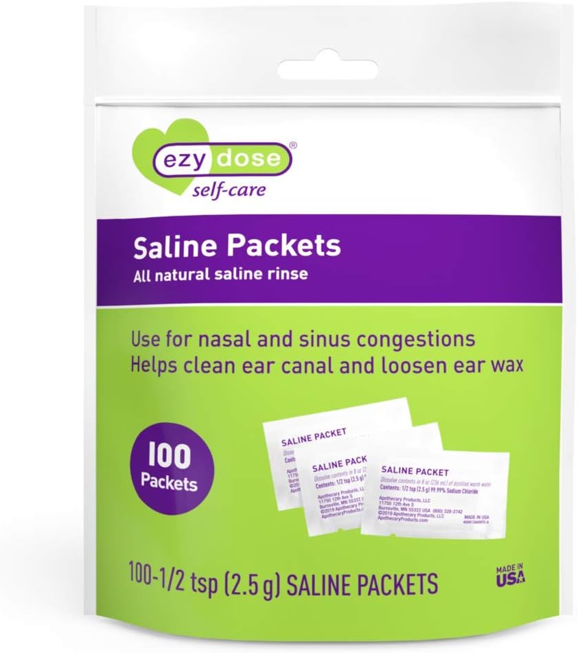 EZY DOSE Saline Nasal Rinse Packets, Embrulhados individualmente Sinus Refil Packets, Nasal Relief, 100 Count, Made in The USA