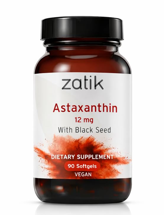 Zatik Naturals - Astaxantina 12mg com semente negra orgânica, Antioxidante, 90 Vegan Softgels