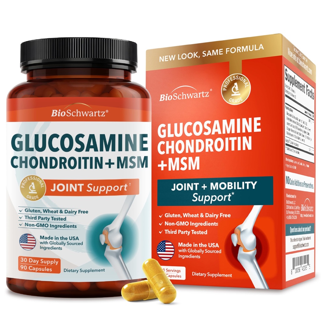 Glucosamina Chondroitina HSH Suplemento de suporte conjunto - Colágeno Peptídeos, Açafrão e Ginger, Ácido Hialurónico, Glucosamina Chondroitina Sulfato para Conforto Conjunto - Glúten Livre, Não OGM, 90 Cápsulas