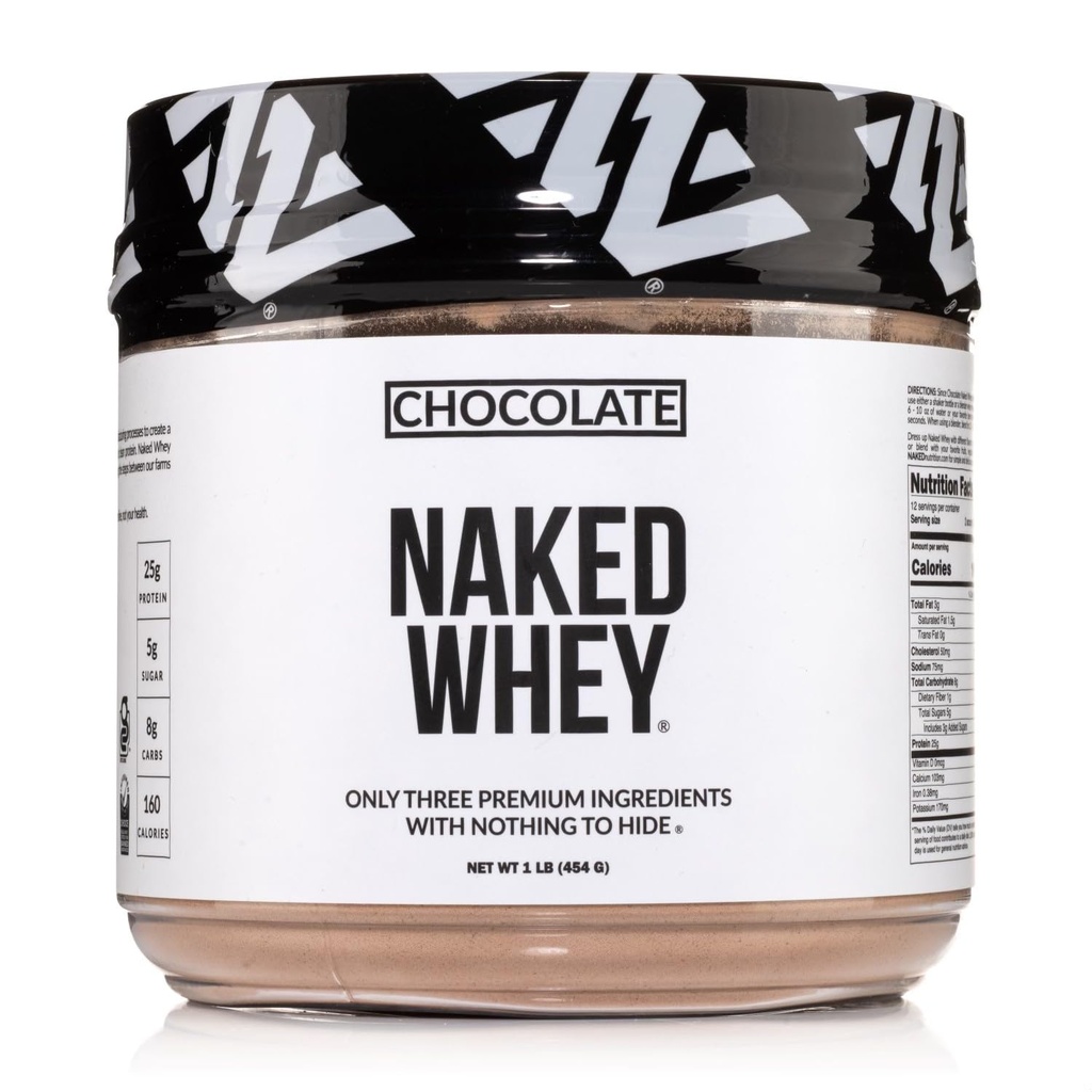 Whey 1LB de chocolate NAKED - Todos os grãos naturais alimentados Whey Protein Pó, Cacau orgânico, e açúcar de coco - Sem OGM, Sem soja, e sem glúten, Crescimento e Recuperação de Ajuda - 12 Servings