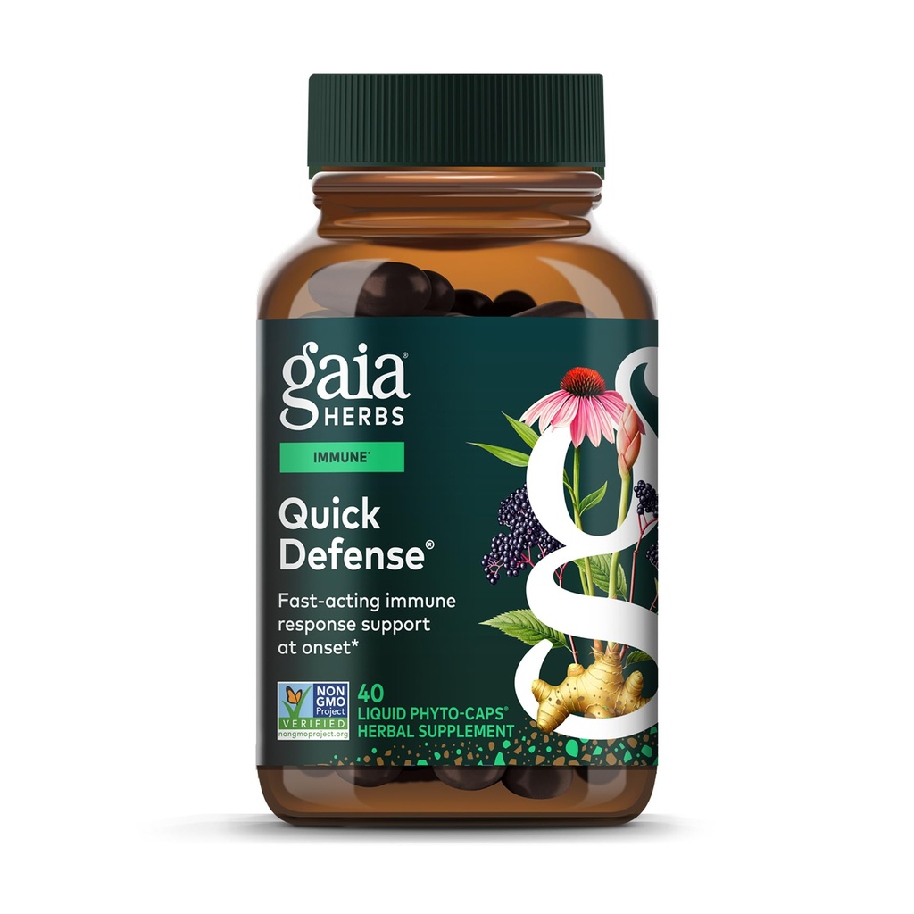 Gaia Herbs Quick Defense - Suplemento de suporte imunológico de ação rápida* - Echinacea, Black Elderberry, Ginger & Andrographis - 40 Vegan líquido Phyto-Capsules (4-fornecimento dia)