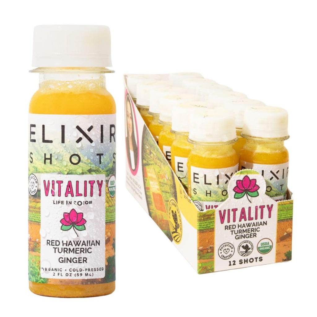 Elixir Shots, Vitality Immunity Wellness Shot com 100% Ingredientes Orgânicos, Vermelho havaiano a frio, Ginger peruano, abacaxi e pimenta preta, Sem açúcar ou aditivos artificiais, 12 Pack