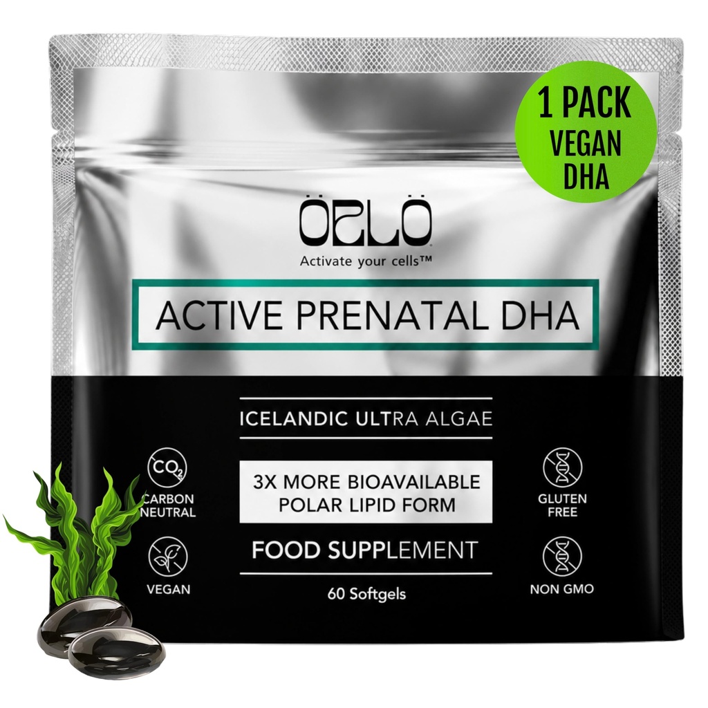 Orlo PRENATAL DHA - Prenatal DHA Omega 3 Suplemento - Triplo Força Omega3s - Vegan DHA & EPA - Óleo de Algae Omega-3 - apoia o desenvolvimento do cérebro durante a gravidez e lactação (60 Mini Softgels)