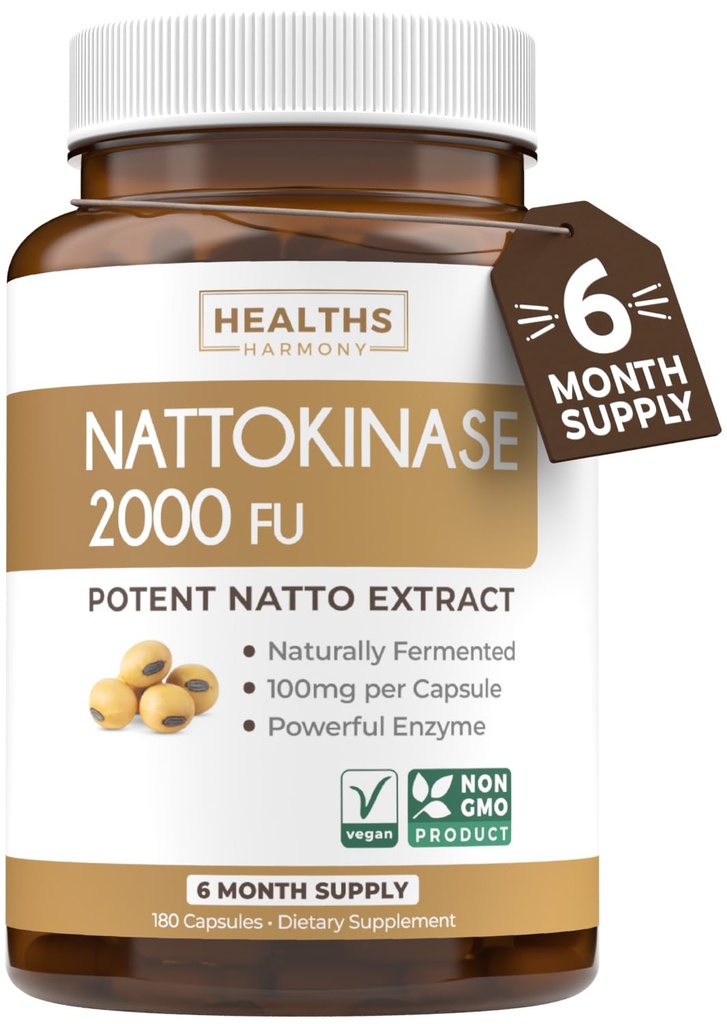 Saúde Harmony Nattokinase 2000 FU (Não-GMO) Suplemento poderoso Nattokinase feito de soja naturalmente fermentado - (6 Mês de fornecimento) 180 cápsulas Vegan Natto