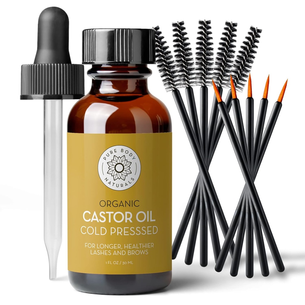 Puro Naturals Óleo de rícino para pestanas e sobrancelhas - 1 Fl Oz Nutrishing Brow & Lash Growth Serum - Orgânico, Hexane Livre, Frio Pressionado, Não Refinado - Cílios e Crescimento da Sobrancelha Sérum para Mulheres