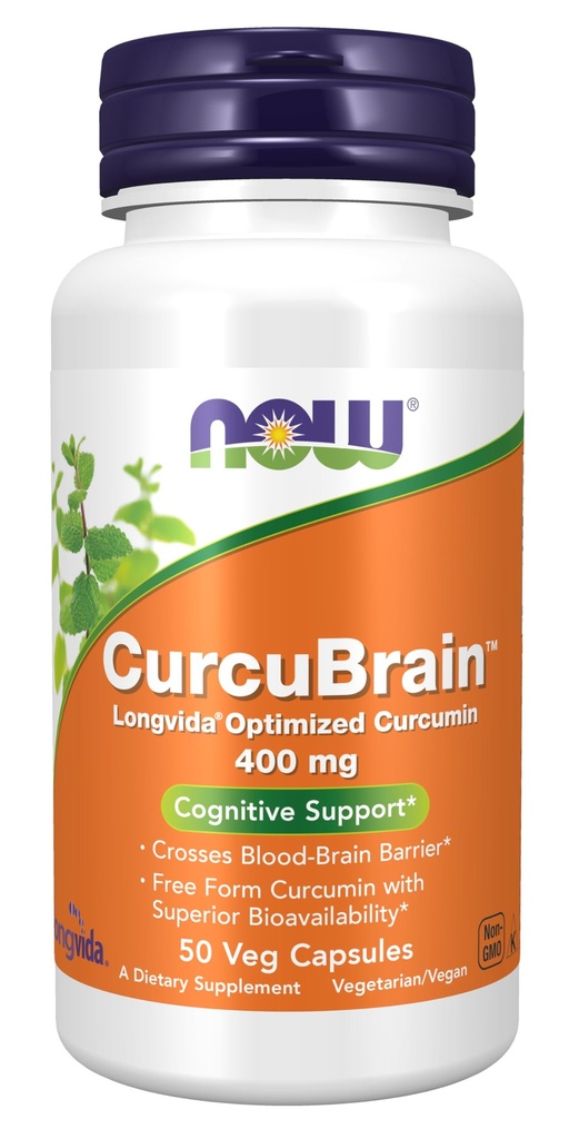 NOW Suplementos, CurcuBrainTM 400 mg com Curcumina Otimizada Longvida®, 50 Veg Cápsulas