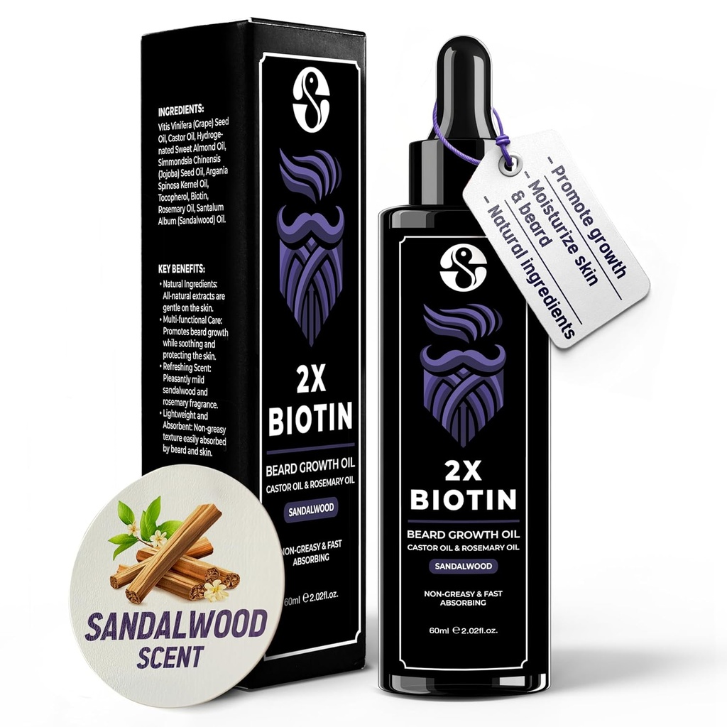 Biotin Concentration Beard Thickener & Softener - 2 onças com óleo de rícino, óleo de alecrim e vitaminas - Sandalwood Scent para homens