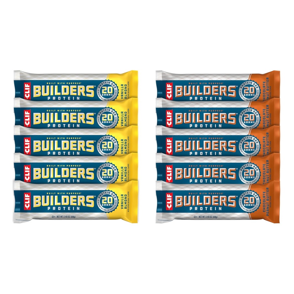 CLIF Builders - Chocolate Manteiga de Amendoim e Baunilha Flavor de Amêndoas - Variety Pack - Barras de Proteínas Baseadas em Plantas - Glúten Livre - Não-GMO - Baixo Glicêmico - 20g Proteína - 2,4 oz. (10 contagem)