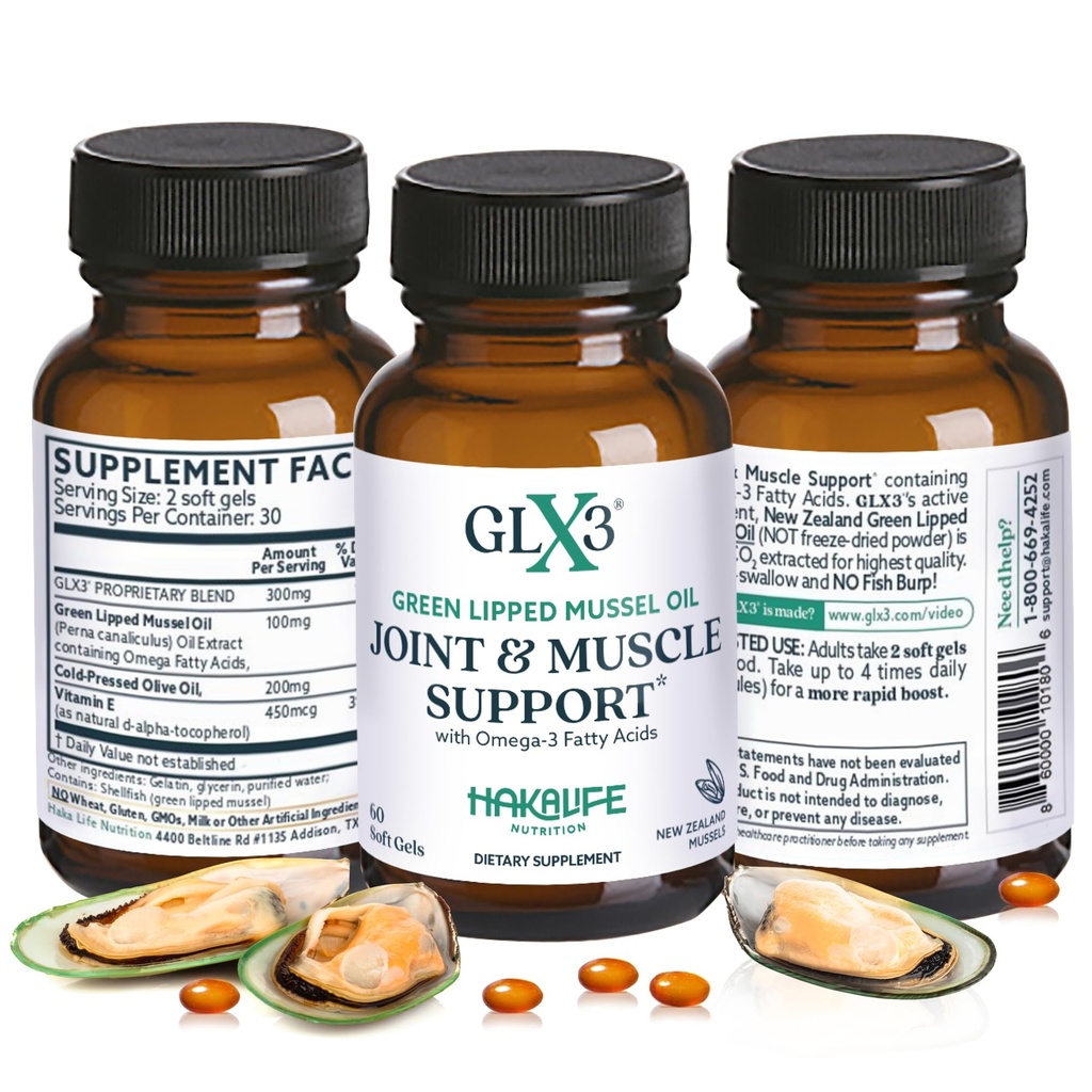 GLX3 Green Lipped Messel Oil Cápsulas para Apoio Músculo e Músculo □ Extra-Forte ETA, EPA, DHA Omega-3 Green Lipped Mussel Suplemento para Conforto, Flexibilidade e Recuperação por HakaLife GLX3