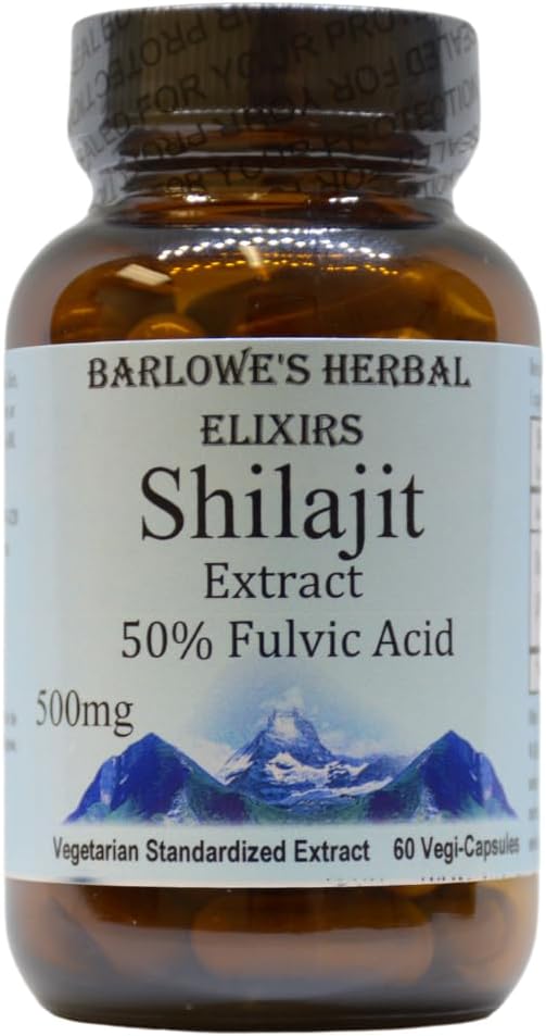 Barlowe's Herbal Elixirs Shilajit Extract (500mg) por cápsula (50% de ácido fúlvico) Minerais-Rich Himalaia Suplemento para Vitalidade e Bem-Estar (60 cápsulas Vegan)