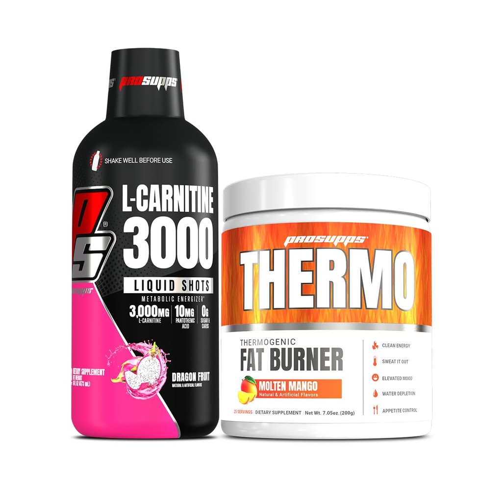 PROSUPPS L-Carnitina 3000 Estimulante Livre de Tiros Líquidos (31 Servings, Dragon Fruit) e termo-gordura Queimando Pó termogênico (25 Servings, Mango fundido)
