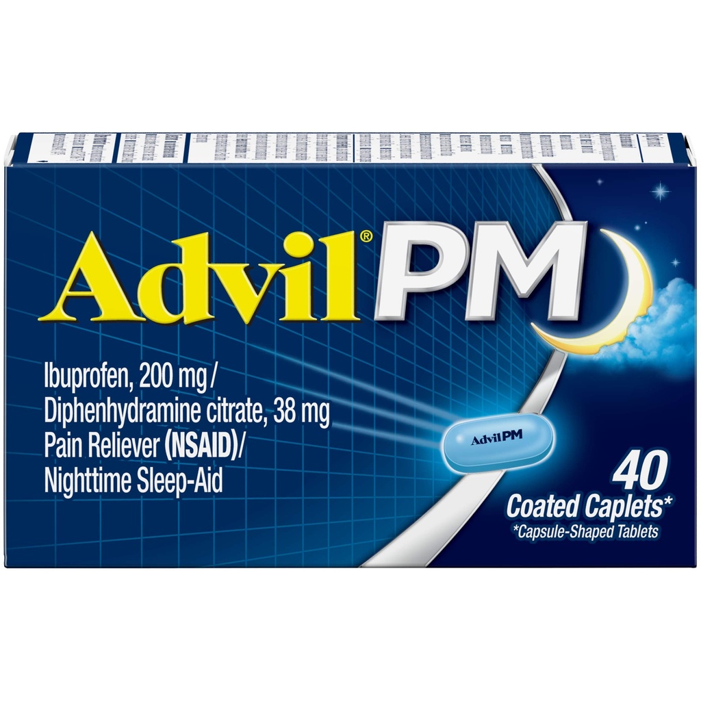 Advil PM Pain Reliever e Nighttime Sleep Aid, Medicina da Dor com Ibuprofeno para alívio da dor e Citrato de Difenidramina para um Sleep Aid - 40 Caplets revestidos