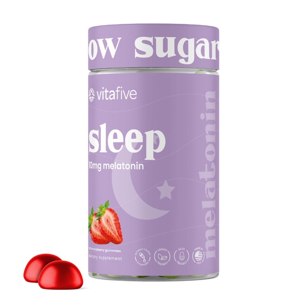 Vitafive Extra força Melatonina Gummies, 10 mg Melatonina, Ajuda ao sono para adultos, Baixo açúcar, Vegan, Suplemento de Melatonina sem glúten (50 Ct)
