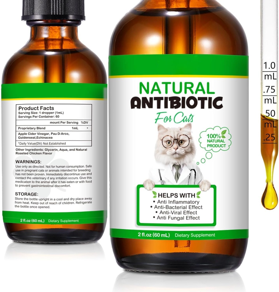 Antibióticos 60ML para gatos, Suplemento de Antibióticos Gato Premium, Multivitamina de Gatos, Antibiótico Natural para Gatos, Antibiótico de Gato, Antibióticos de Gatos Suporta Imune & Cats Alergia Relief-2 Fl Oz