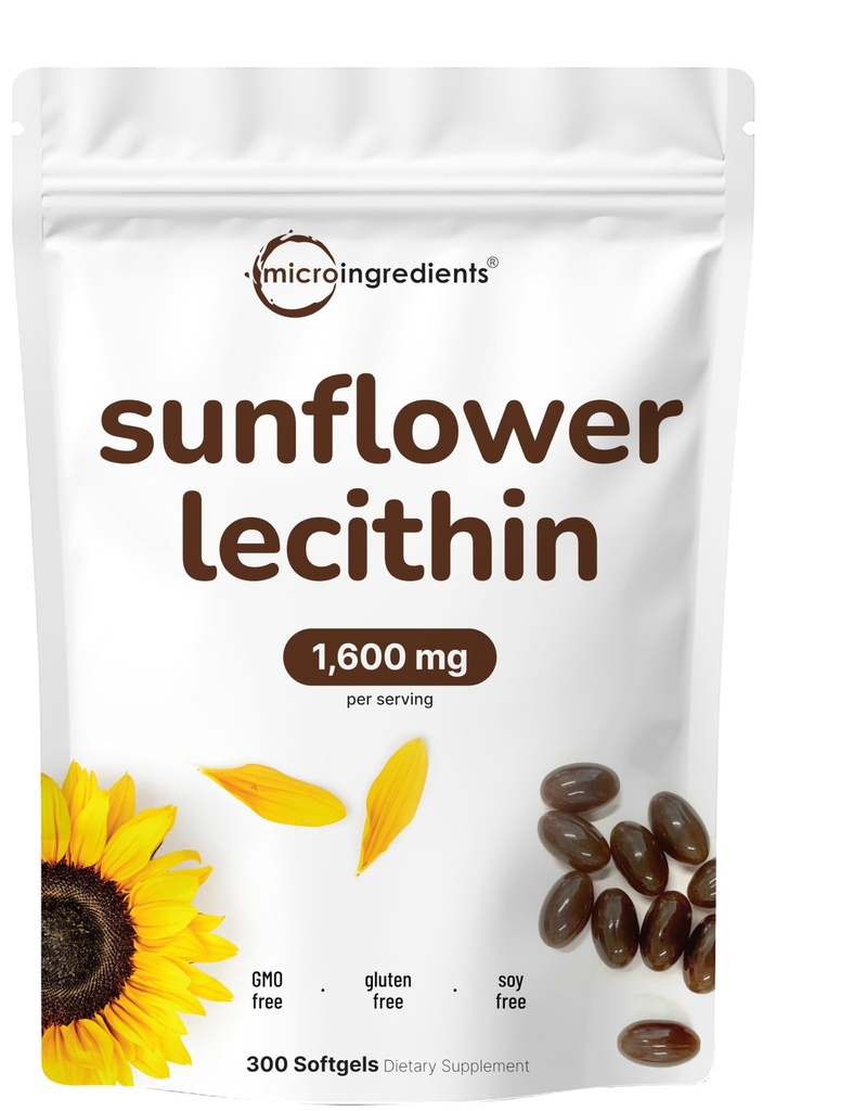 Micro Ingredientes Lecitina de girassol 1.600mg por serviço, 300 Softgels ; Fonte sustentávelmente cultivada, prensada a frio, rica em Fosfatidyl Choline ; Suplemento de lactação ;