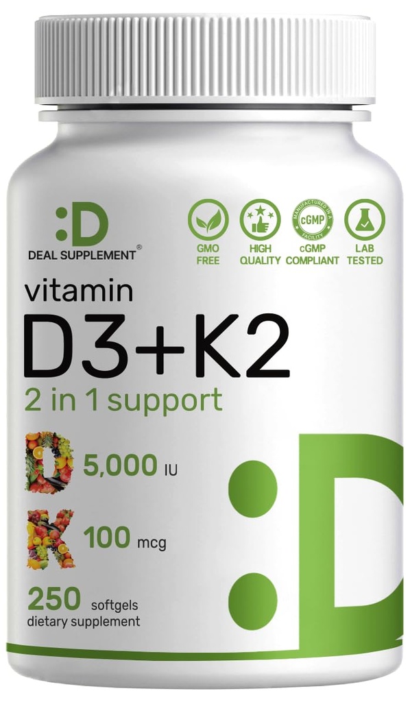 SUPPLEMENT DEAL Vitamina D3 5.000 UI + K2 MK7 Softgels, 250 Count (complexo 2-em-1) Fácil de engolir